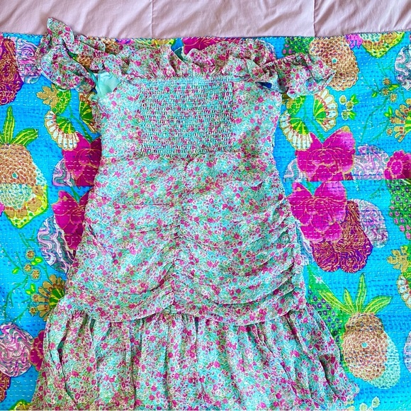 NWOT ASTR The Label Blue Floral Ruched Sweetheart Mini Dress - Picture 10 of 14